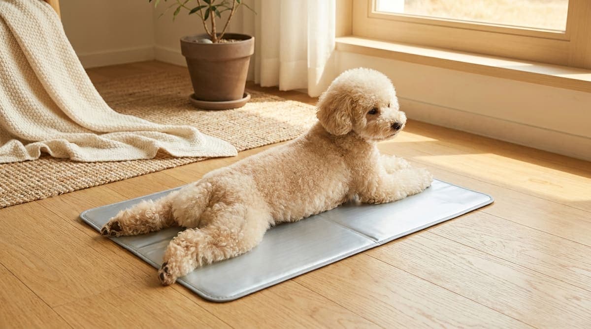 クールマットの上で伏せて足を伸ばしてくつろぐ小型犬