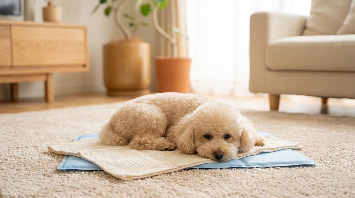 薄いタオルを掛けたクールマットの上で落ち着いて休む小型犬