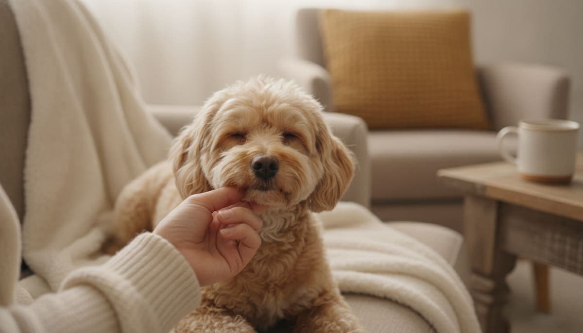 リラックスした小型犬の口まわりを指でやさしく触れる飼い主