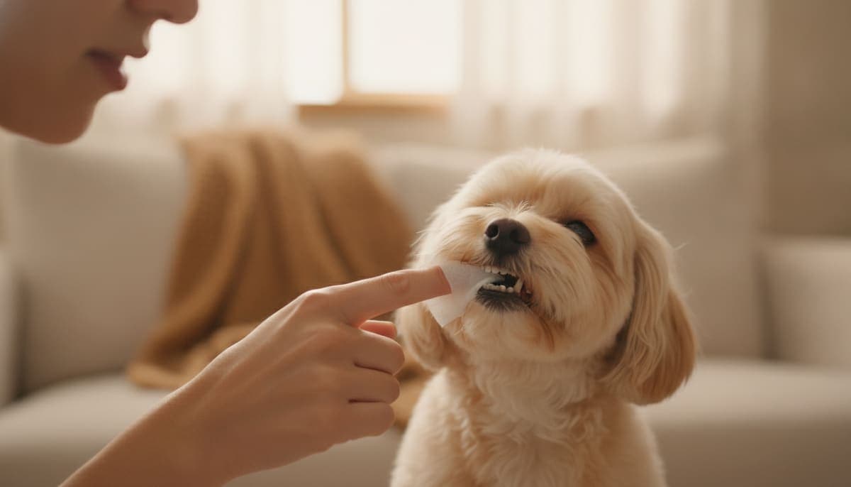 指に巻いた歯磨きシートで小型犬の歯をやさしく拭く飼い主の手