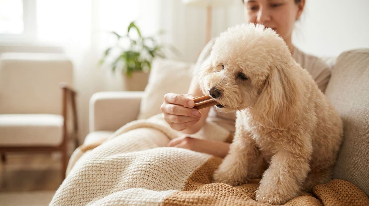 飼い主がそばで見守りながら小型犬にデンタルガムを与えている様子