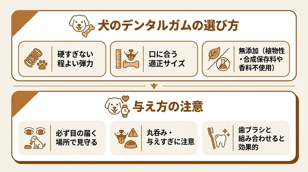 デンタルガムの選び方(硬さ・サイズ・無添加)と、見守りながら与える注意点をまとめた図解