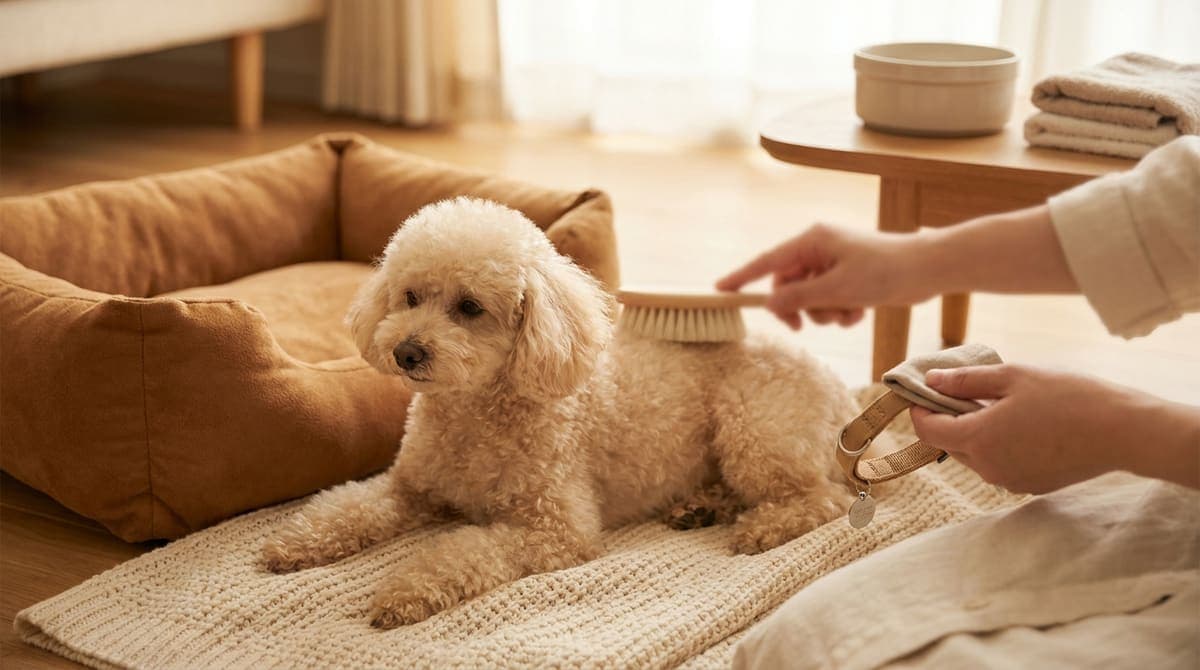 寝床や首輪まわりのお手入れをする犬