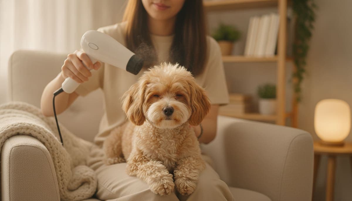 室内で手持ちドライヤーを使い、体から離してトイプードルをやさしく乾かす飼い主