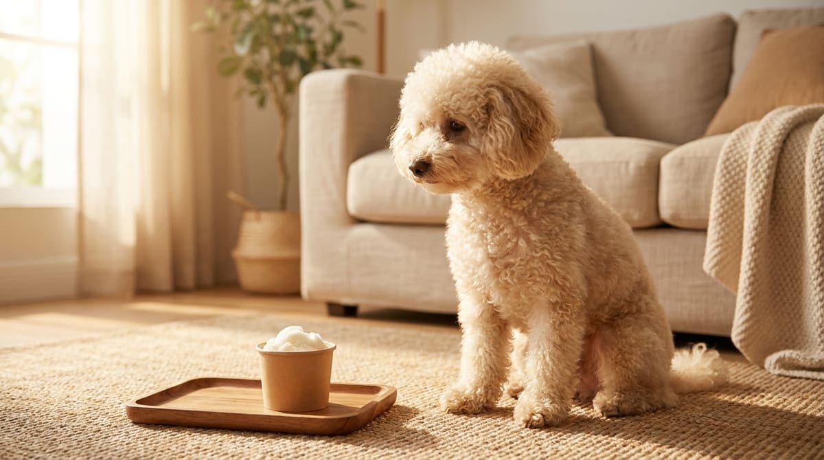 床に置かれた小さな犬用アイスのカップのそばに、落ち着いて座っている犬