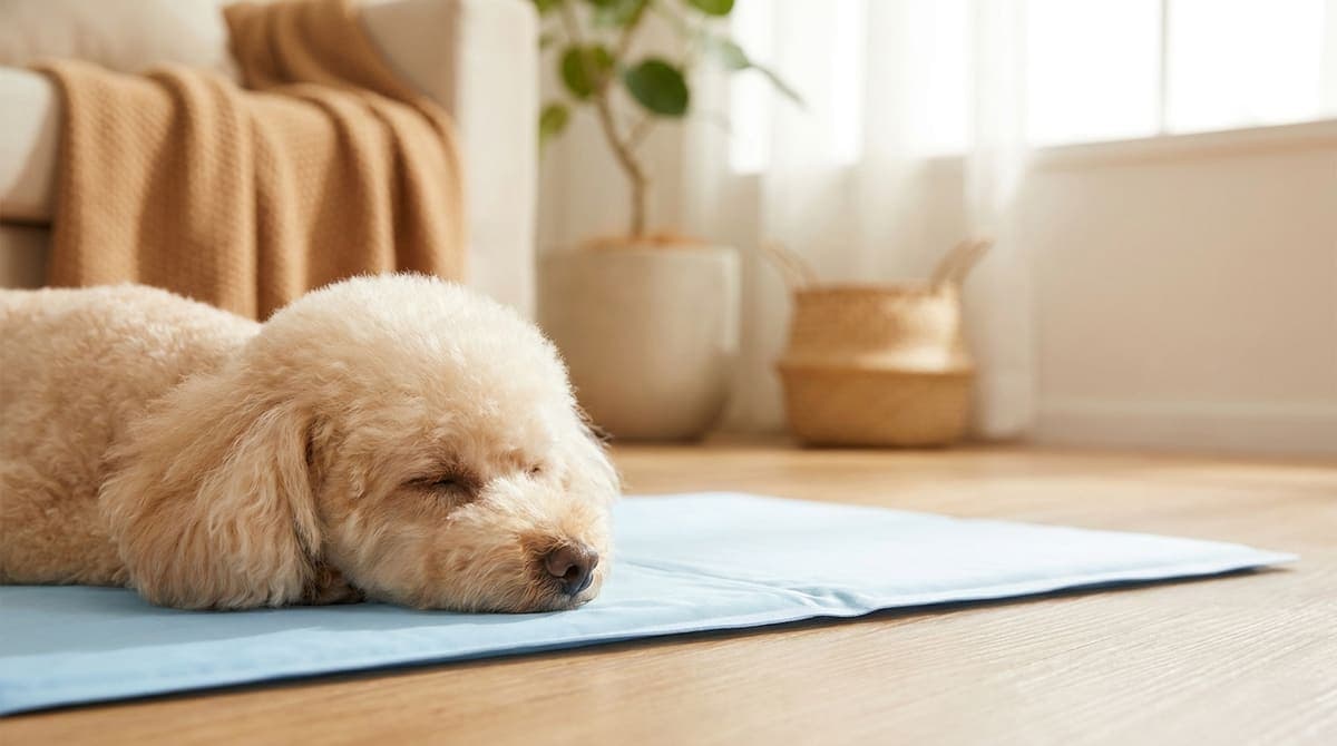 夏の明るいリビングで、ひんやりマットの上に落ち着いて伏せている犬
