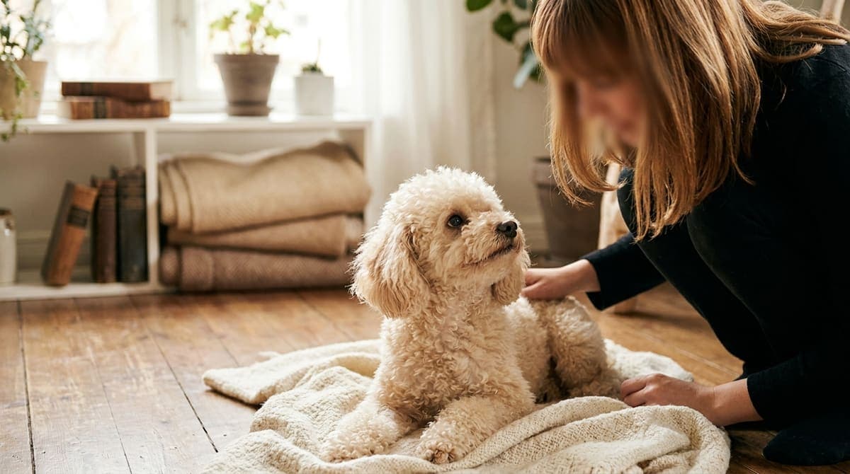 床に伏せる小型犬のそばにしゃがみ、様子をやさしく見守る飼い主