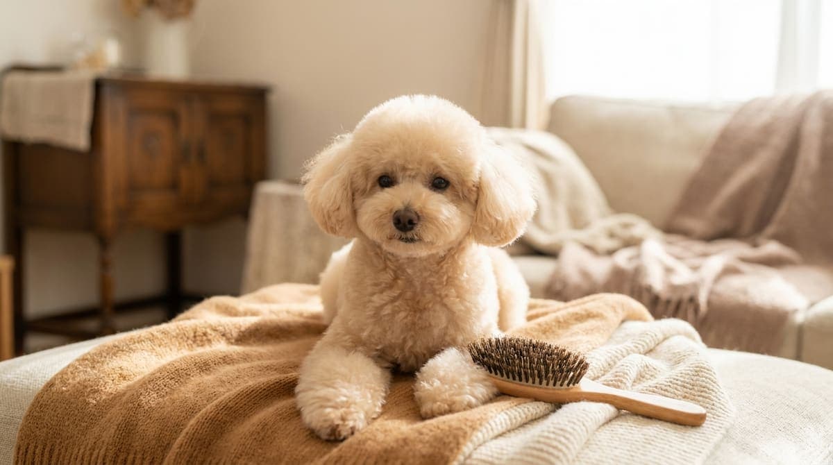 グルーミングスプレーをなじませたあと、やさしくブラッシングされて落ち着いた様子の犬