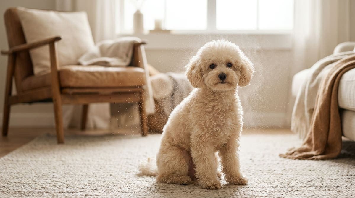 犬の被毛に少し離した位置からグルーミングスプレーを吹きかけている様子