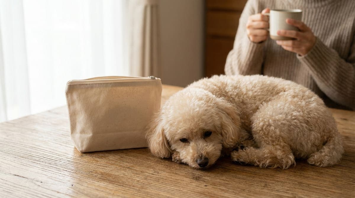 テーブルに置かれた犬用の歯磨きシートと、そばに座る小型犬