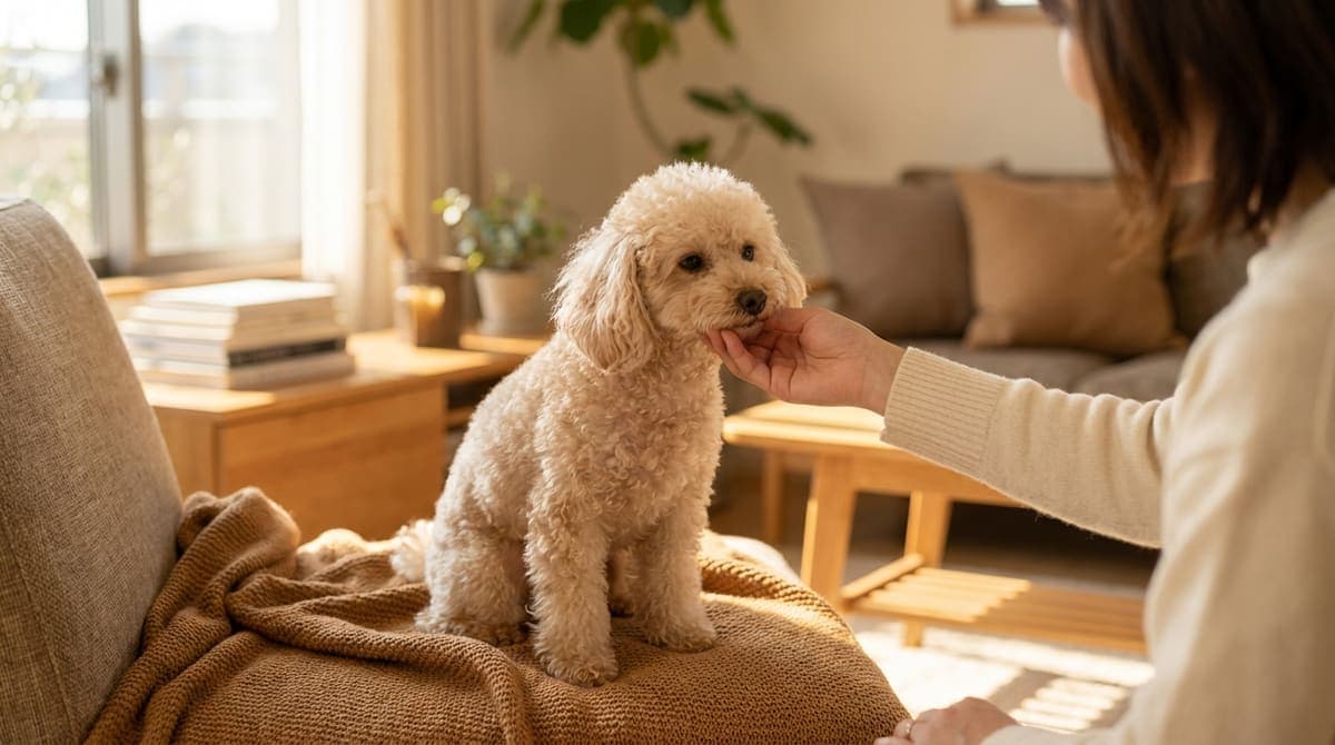 飼い主に口周りをそっと触られてリラックスする小型犬