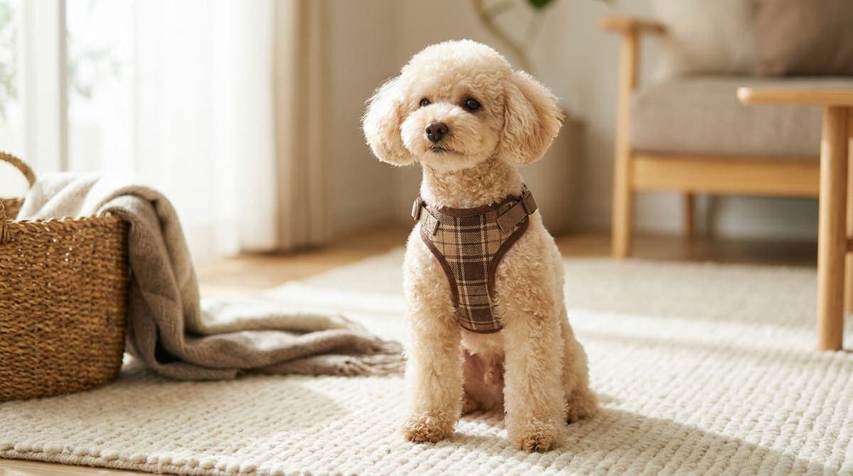 ハーネスを着けて穏やかに座る小型犬の上半身