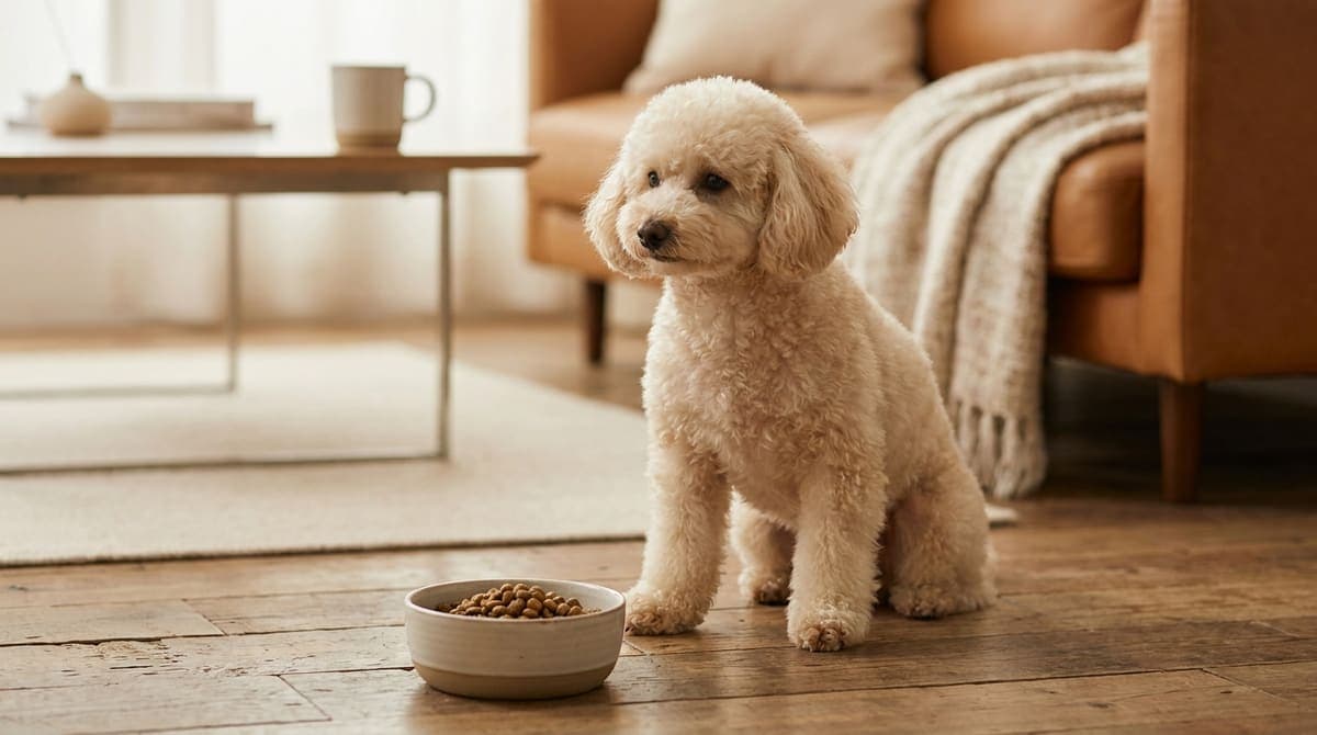 食器の前でおすわりをして、ごはんを穏やかに待っている一頭の犬