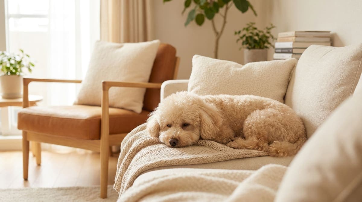 清潔で明るいリビングのラグの上でくつろぐ犬