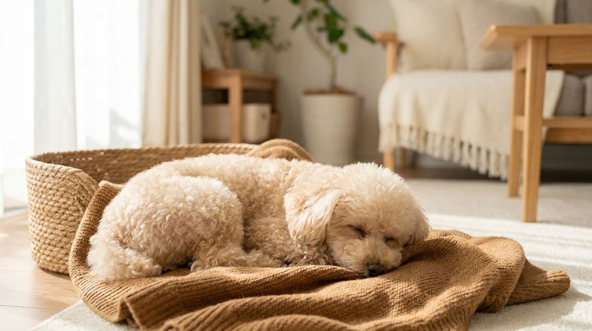 犬用ベッドやクッションが置かれた清潔なリビングで休む犬