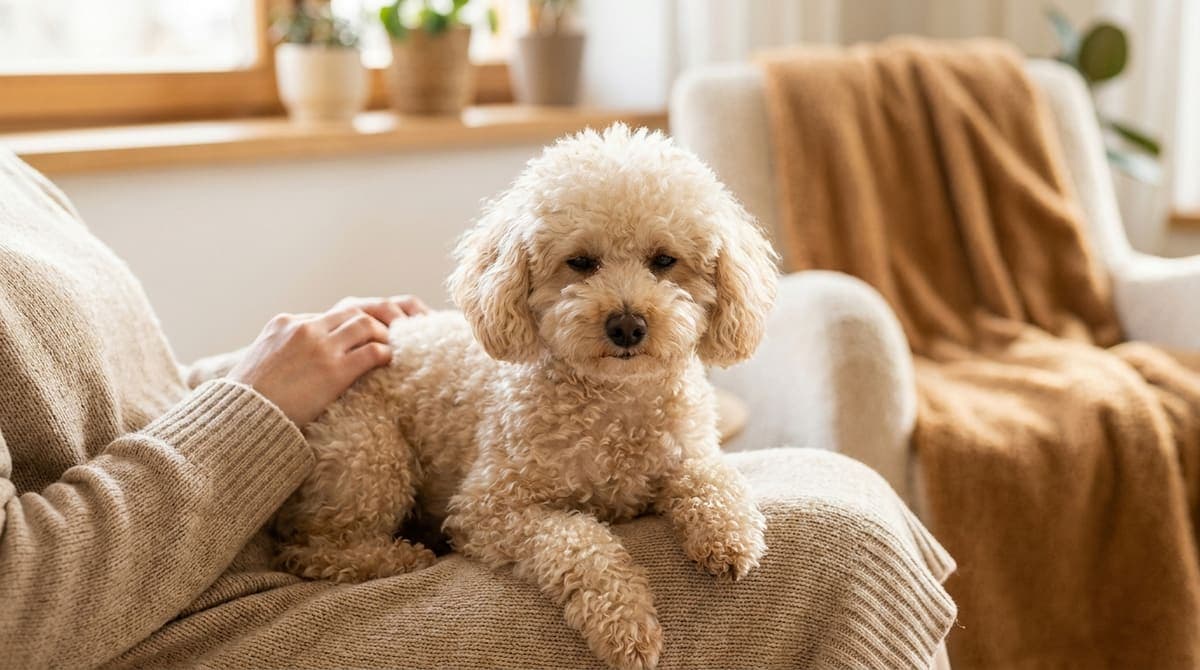 明るい室内で飼い主のひざの上に座って落ち着いているトイプードル