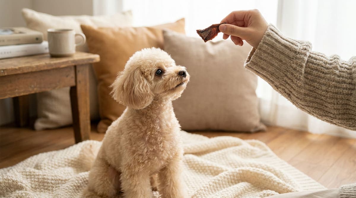 ジャーキーを手に持ち愛犬に見せる飼い主