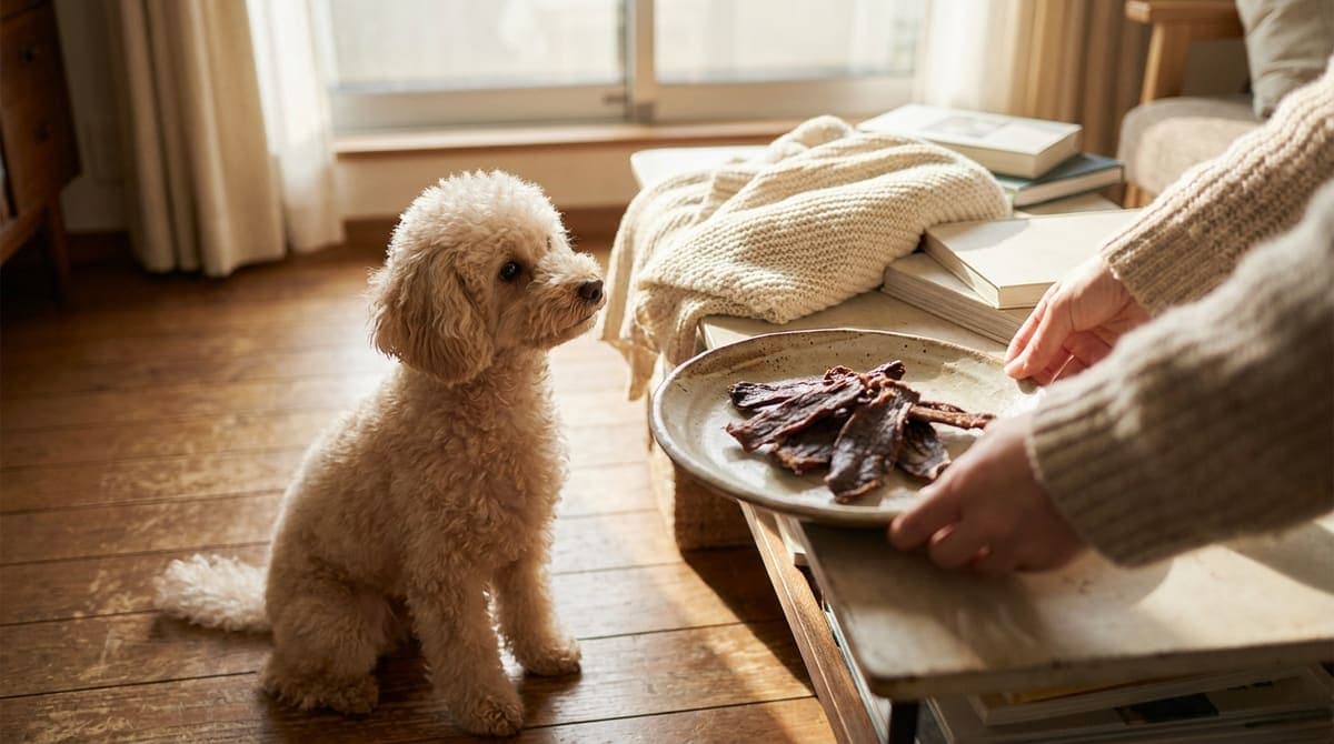完成した手作りジャーキーと待っている小型犬