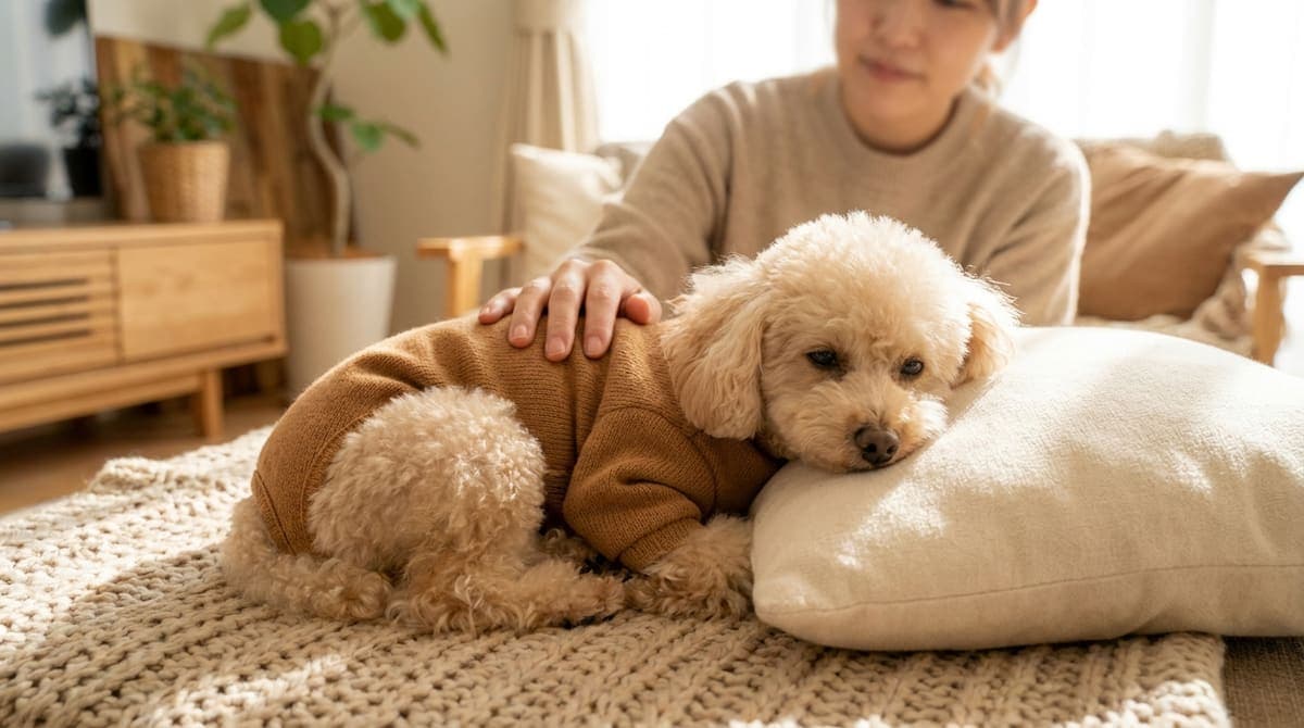 術後服を着てベッドで穏やかにくつろぐ小型犬