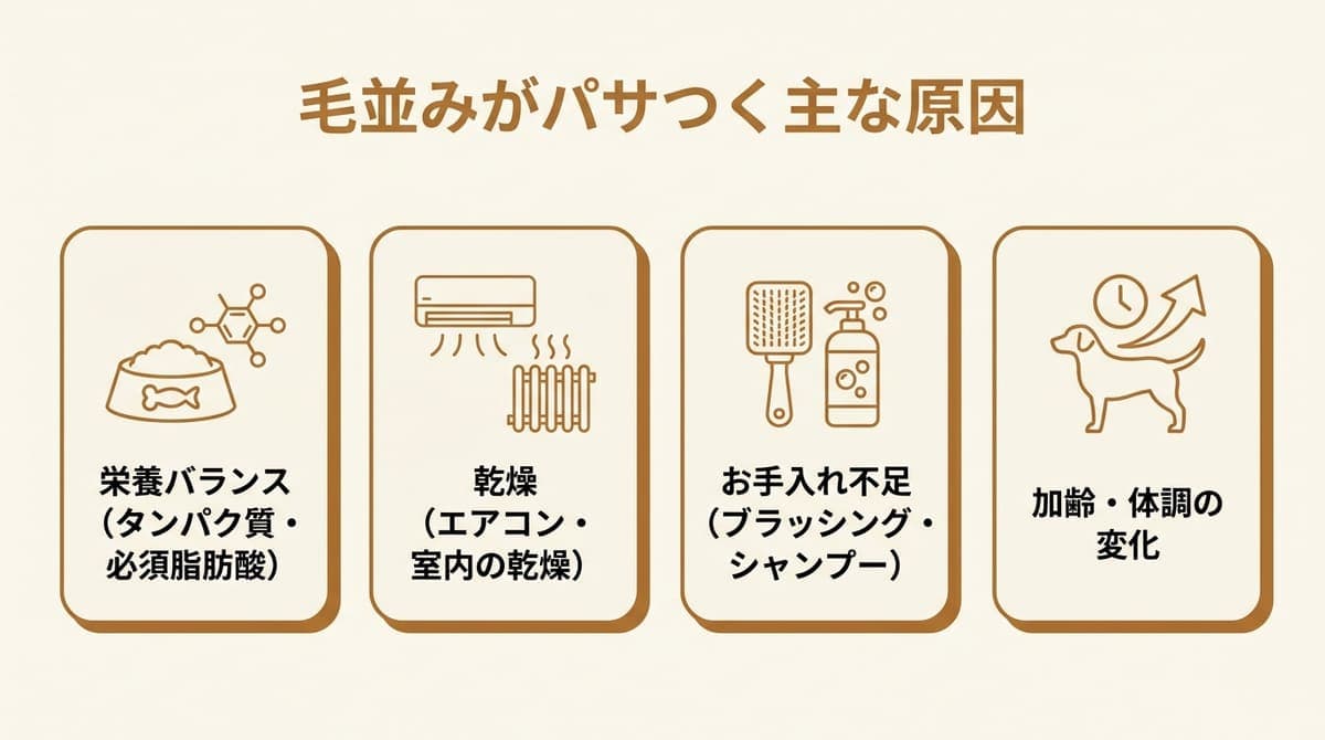 犬の毛並みがパサつく主な原因(栄養バランス・乾燥・お手入れ不足・加齢や体調)を整理したカード型の図解