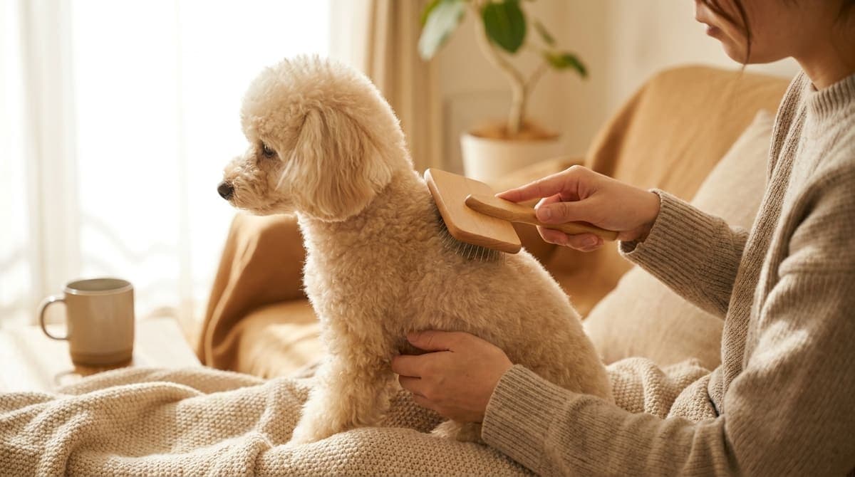 明るい室内で、スリッカーブラシを体に沿ってやさしく当ててブラッシングされる小型犬