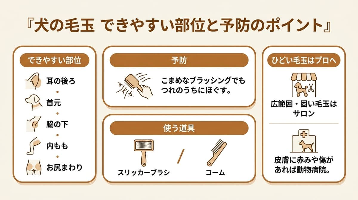 犬に毛玉ができやすい部位(耳の後ろ・首元・脇の下・内もも・お尻まわり)と、予防のポイント・使う道具・サロンに頼る目安をまとめたカード型の図解