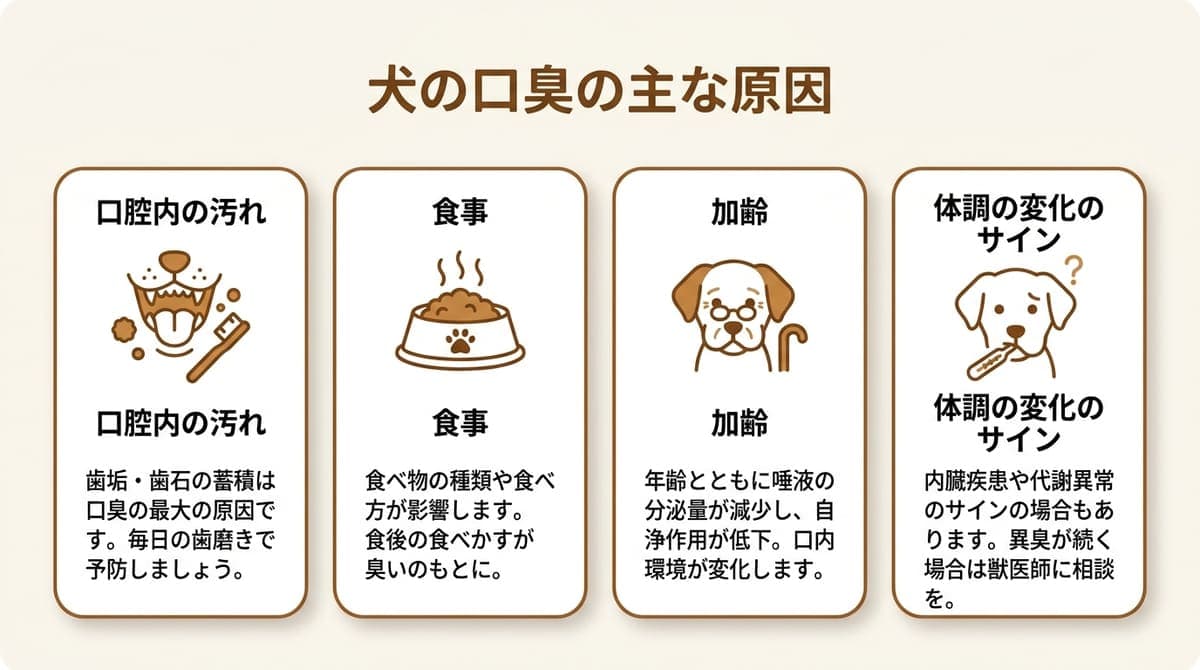 犬の口臭の主な原因(口腔内の汚れ・食事・加齢・体調の変化のサイン)をまとめたカード型の図解