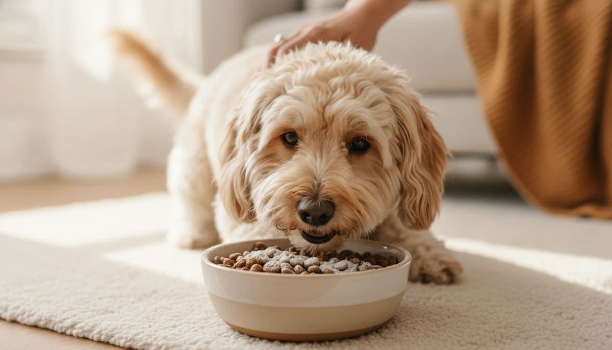 ふりかけをトッピングしたごはんを室内でおいしそうに食べる小型犬