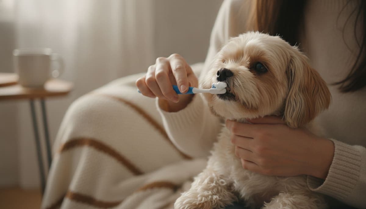 室内で犬用歯ブラシを使い小型犬の歯をやさしく磨く飼い主