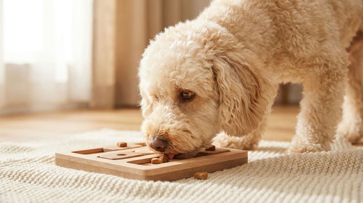 室内で知育玩具を使って遊ぶ犬
