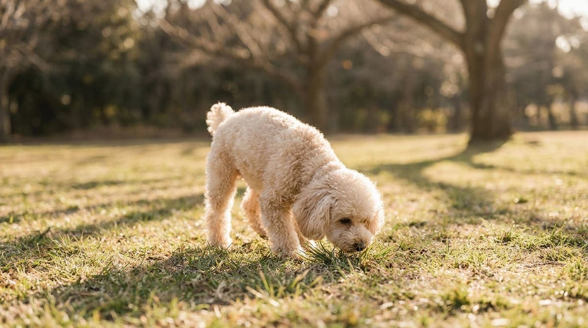 散歩中に草地で草のにおいを嗅ぐ犬