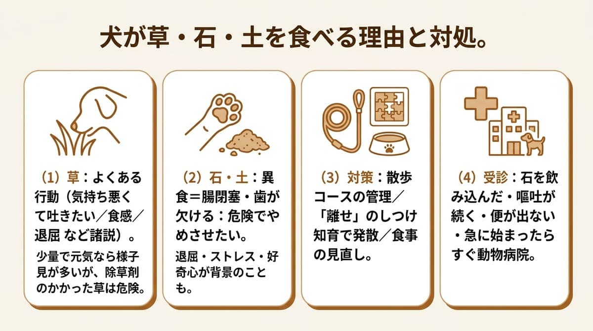 犬が草・石・土を食べる主な理由と危険性、やめさせる対策、受診の目安を整理したカード型の図解
