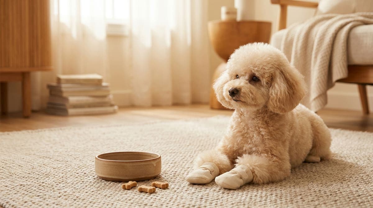 前足に靴を履いて室内のラグでくつろぐ犬とおやつの入った器