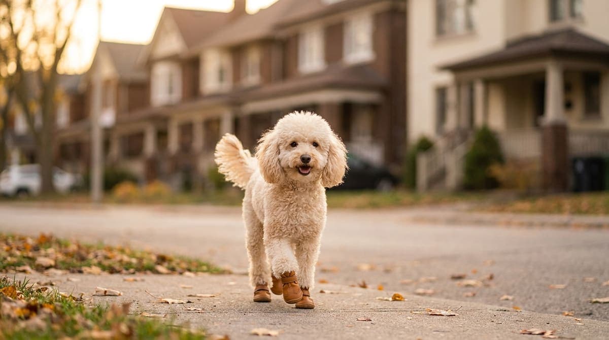 靴を履いて住宅街の道を歩いている犬
