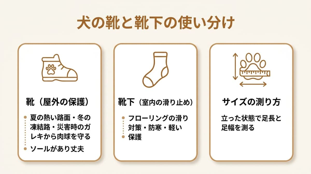 犬の靴と靴下の使い分けを屋外の保護と室内の滑り止めに分けて整理したカード型の図解