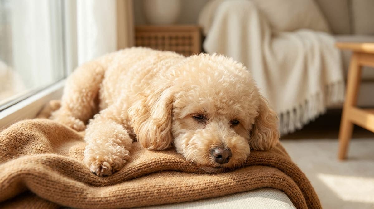 室内で穏やかにくつろいでいる一頭の犬