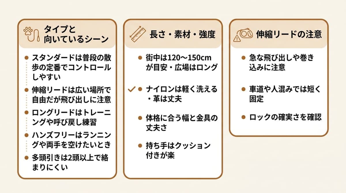 リードのタイプと向いているシーン・長さと素材と強度の選び方・伸縮リードの注意の3つの要点を整理したカード型の図解