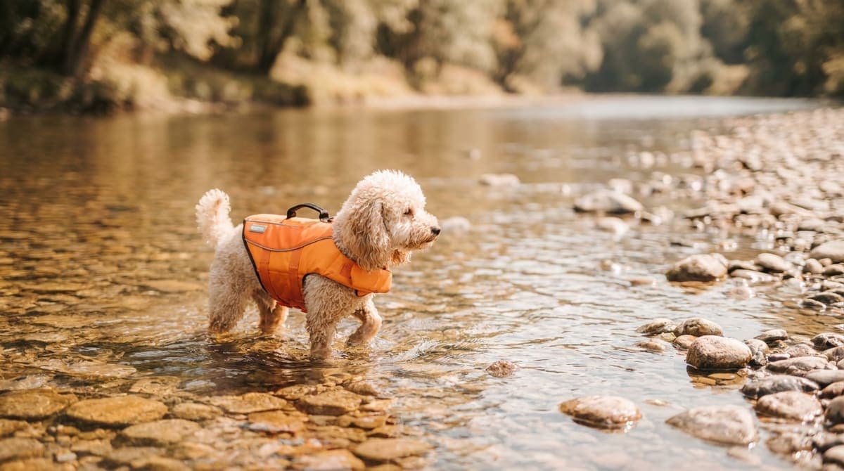 ライフジャケットを着て川の浅瀬を歩く犬
