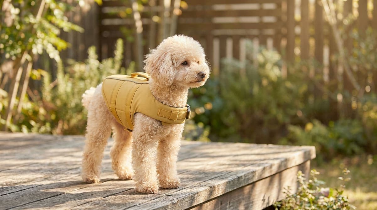 ライフジャケットを着てウッドデッキの上に立つ犬