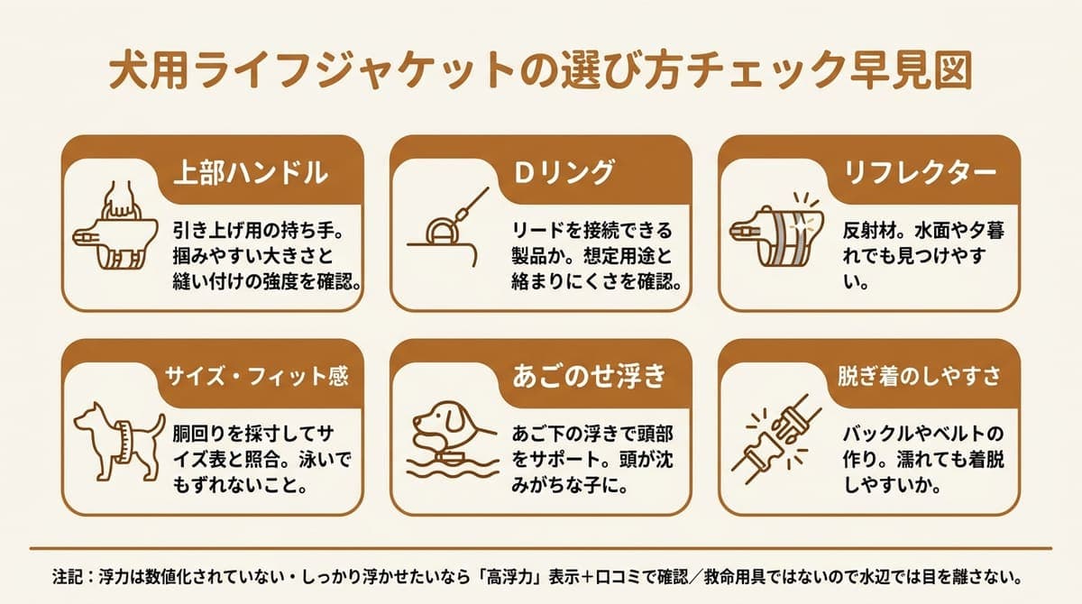 犬用ライフジャケットの選び方チェックポイントをまとめた図解