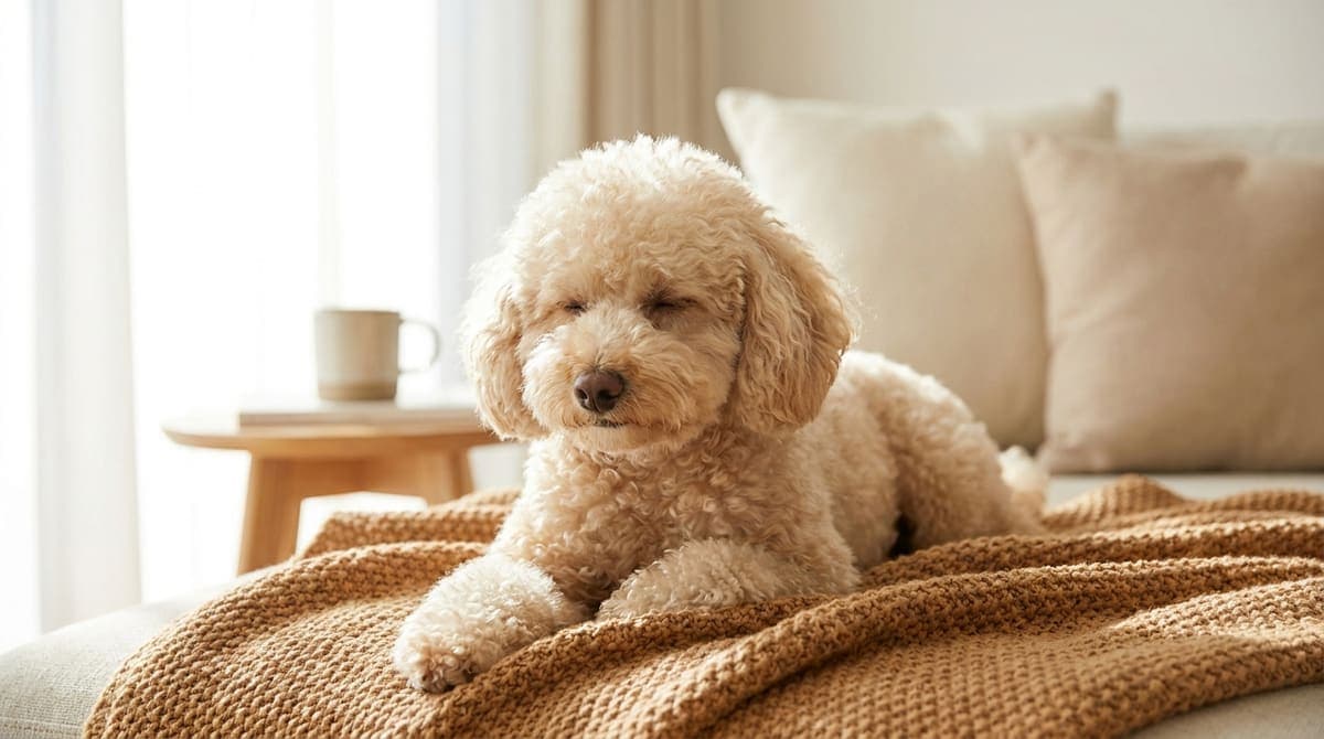 室内で穏やかにくつろぐ巻き毛の犬の上半身