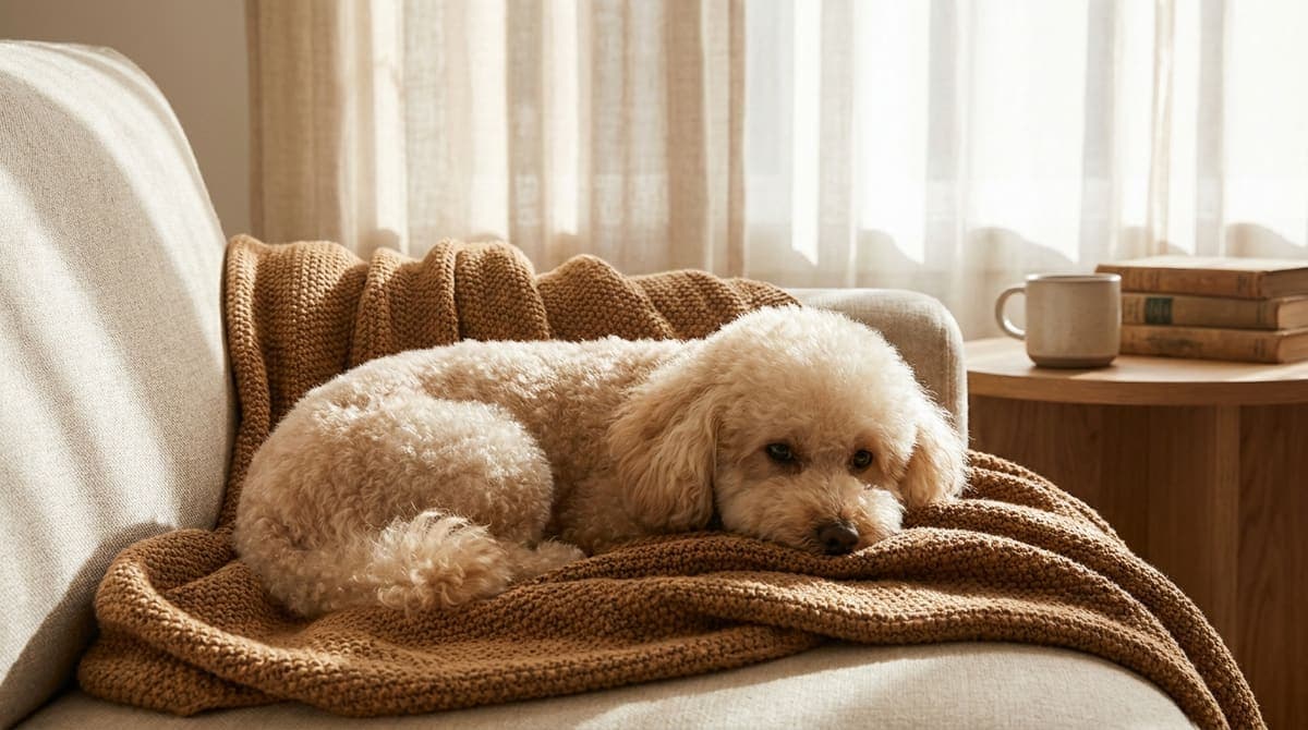 清潔でふわふわの被毛の犬が室内でくつろぐ様子