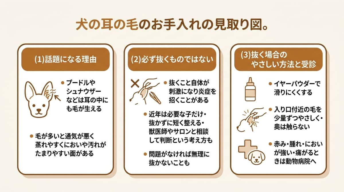 犬の耳の毛のお手入れの考え方と方法を整理した図解