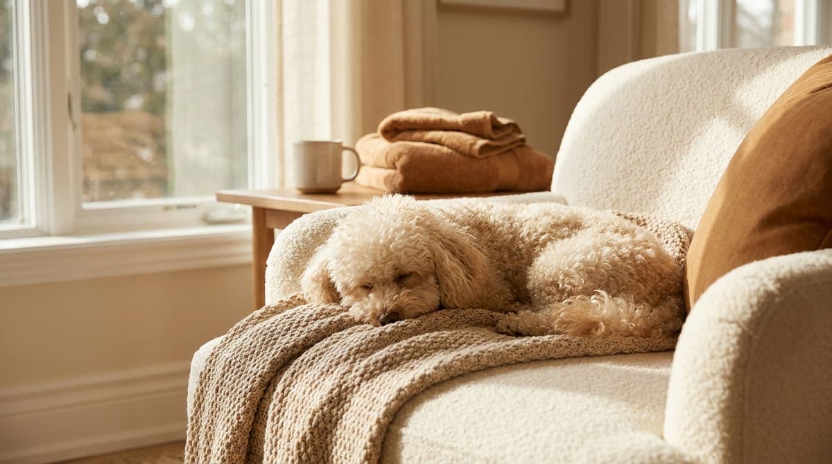 清潔で明るい部屋で穏やかにくつろぐ犬