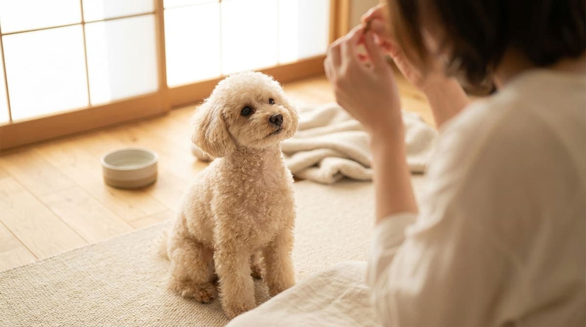 明るい室内で、飼い主とやさしくアイコンタクトをとって落ち着いている小型犬