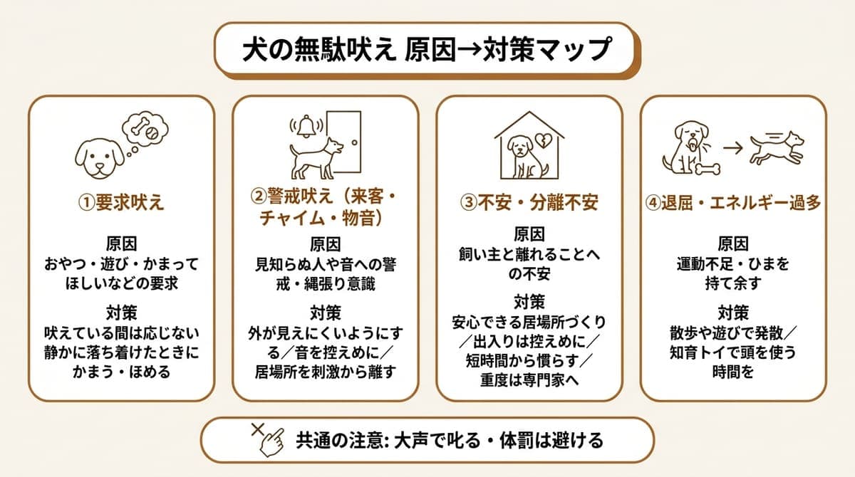 犬の無駄吠えの4タイプ(要求吠え・警戒吠え・不安吠え・退屈からの吠え)と、それぞれの原因と対策の要点をまとめたカード型の図解