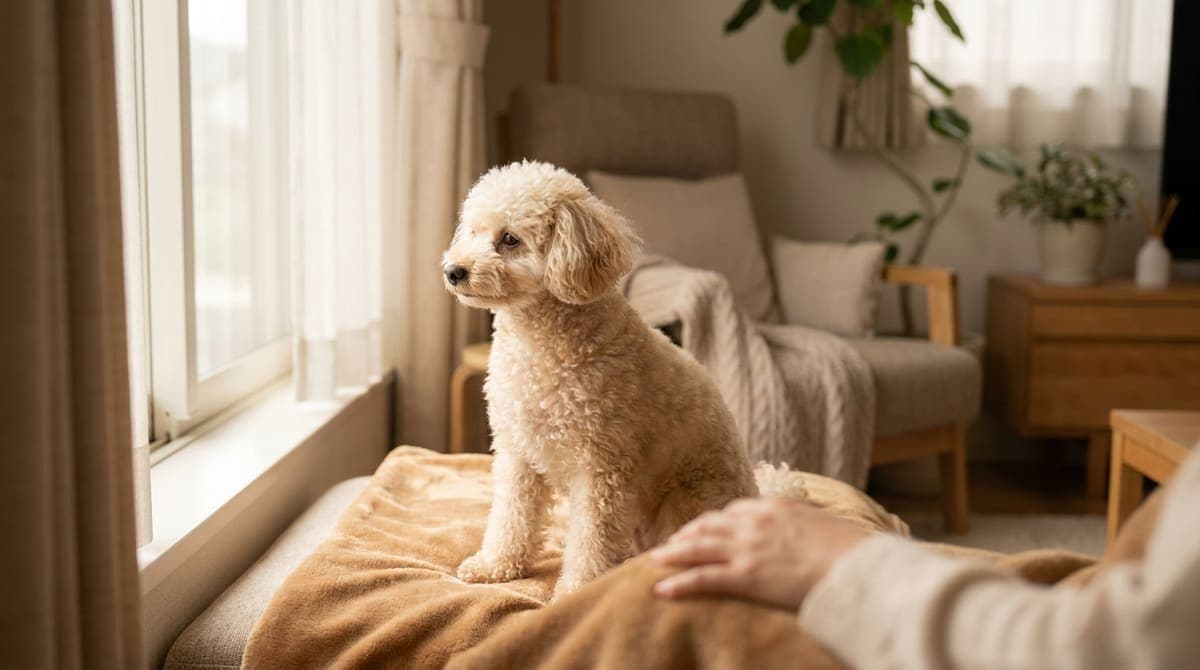 静かな室内で、窓の外をおだやかに眺めている小型犬