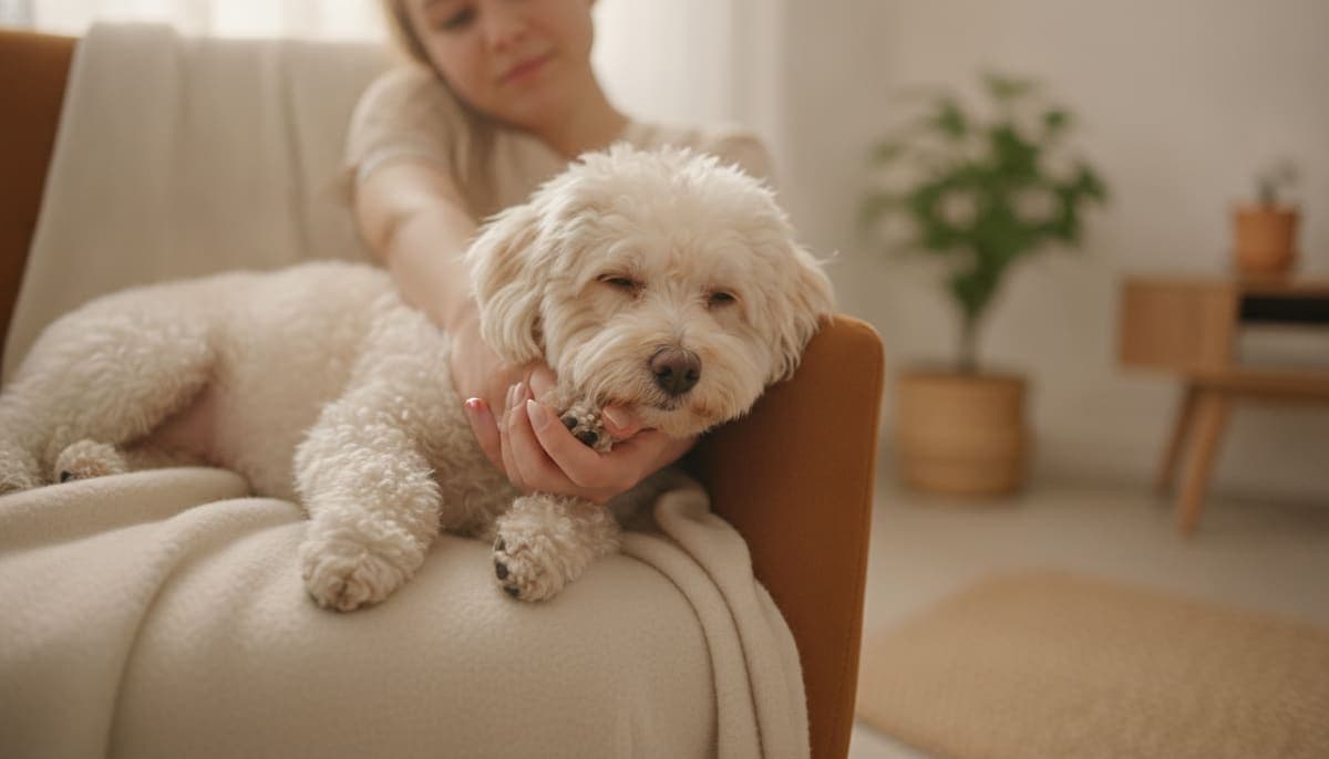 室内でリラックスした小型犬の足先をやさしく持って慣らす飼い主