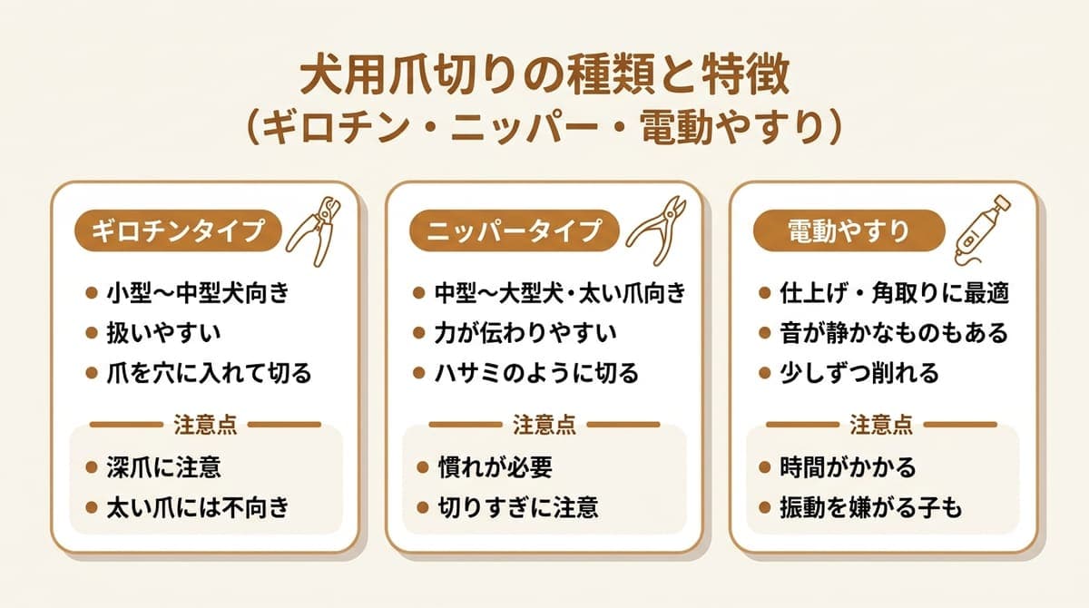 犬用爪切りの種類(ギロチンタイプ・ニッパータイプ・電動やすり)の特徴と注意点をまとめたカード型の図解