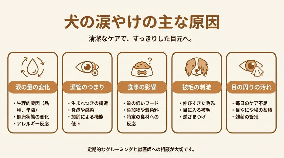 犬の涙やけの主な原因(涙の量の変化・涙管のつまり・食事の影響・被毛の刺激・目の周りの汚れ)をまとめたカード型の図解